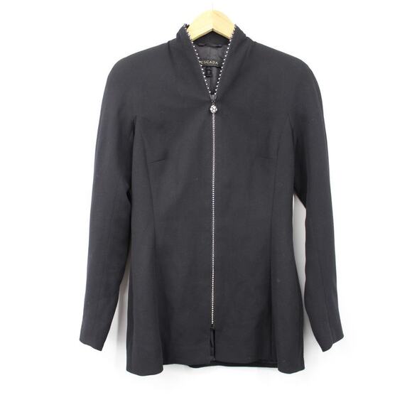 Escada Blazer Rhinestone‎ Crystals Zipper Wool Jacket Black Lined Size 34 Small - Picture 1 of 8